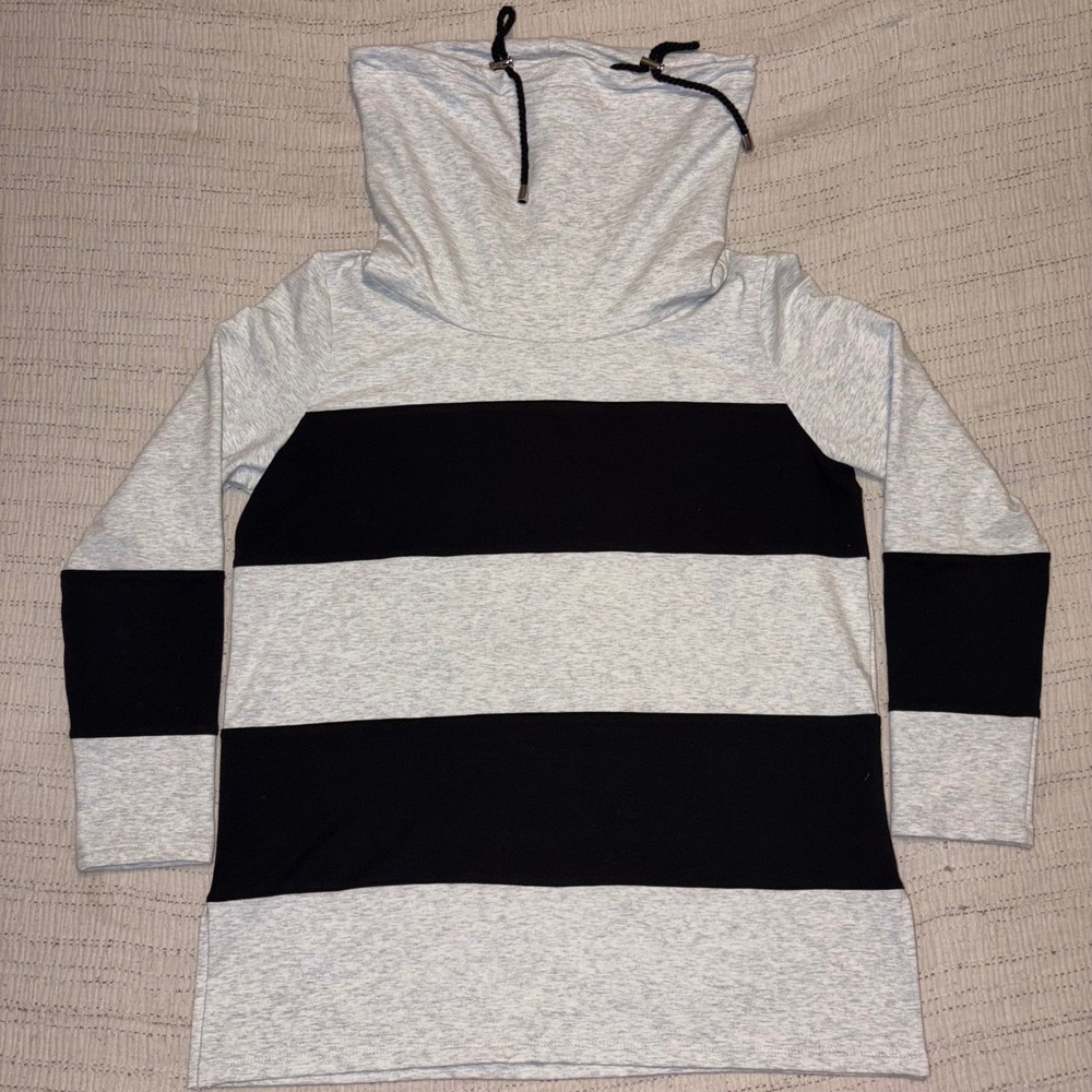 Rafaella Weekend Womens Striped Funnel Neck Sweatshirt Grey Black M